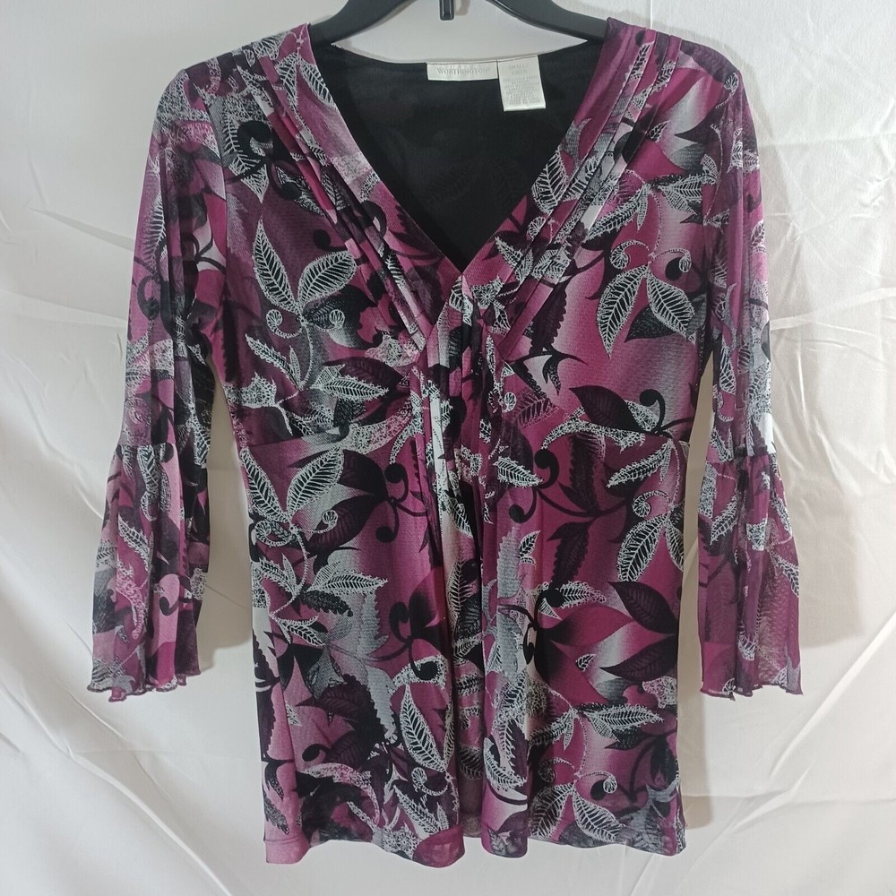 Worthington Size Small Purple Black Maroon Blouse With Semi Sheer Bell Sleeves